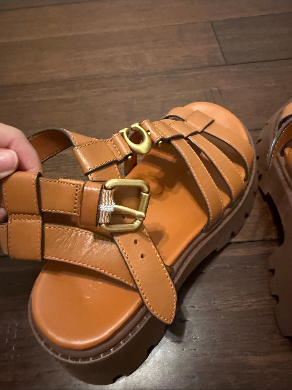 Coach Womens' Tan Leather Gladiator Sandals with Gold C Logo - Picture 3 of 6